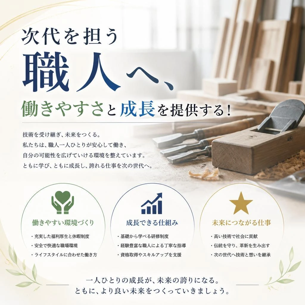 次代を担う職人へ、働きやすさと成長を提供する！